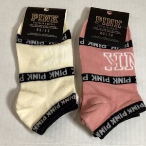 PINK Victoria's Secret Bundle  (2) Cream and Pink Anklet Socks - Black Logo Trim